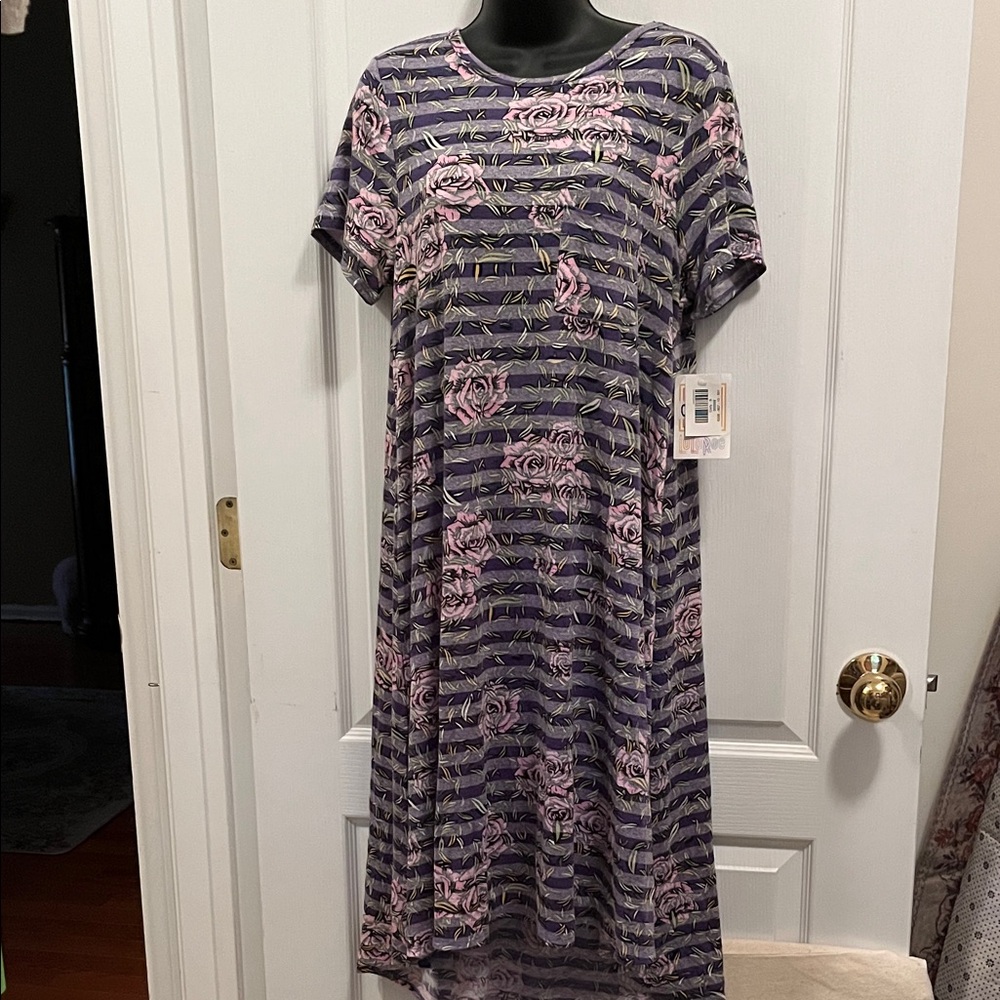 LuLaRoe Purple and Pink Floral Striped Midi Dress